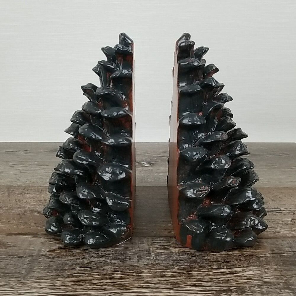 Decorative Resin Gray Pinecone Bookends 2 Piece Glossy 6.5" Brown Accents NOB